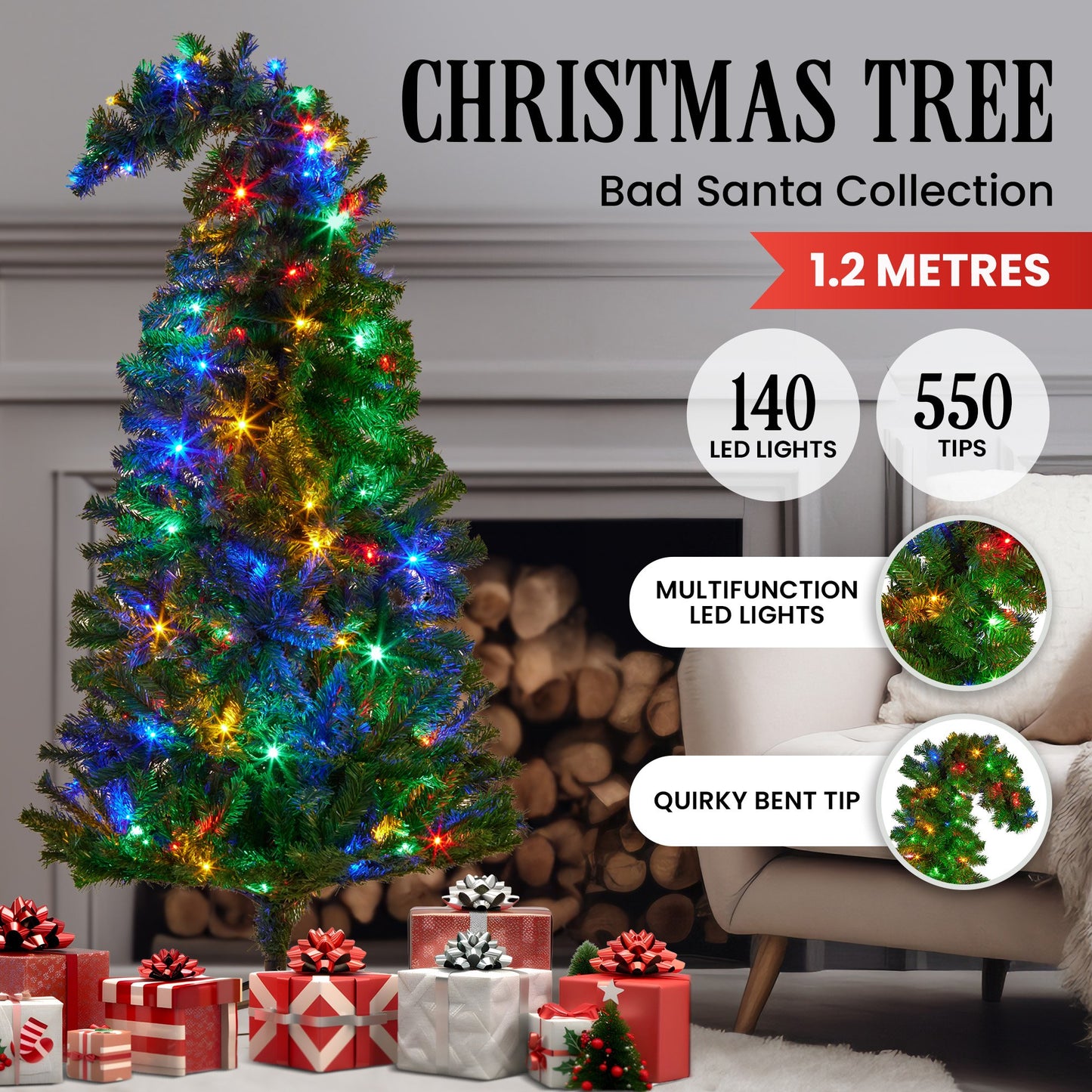Christabelle Bad Santa 1.2m Curved Multicolour Pre-Lit Christmas Tree with 550 Tips