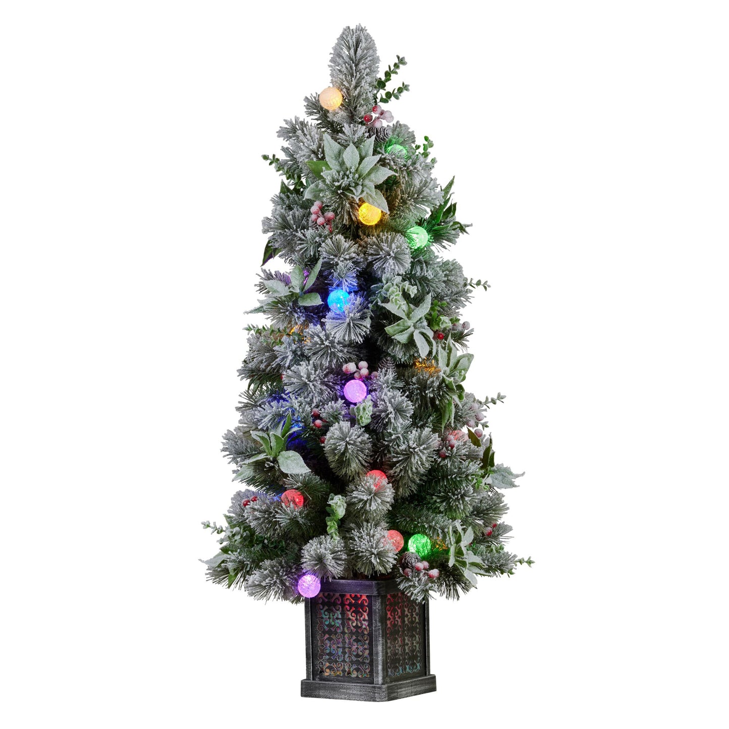 Christabelle Snowy Crown Pine Potted Christmas Tree 1.2m Multicolour Pre-Lit with Snowball Lights