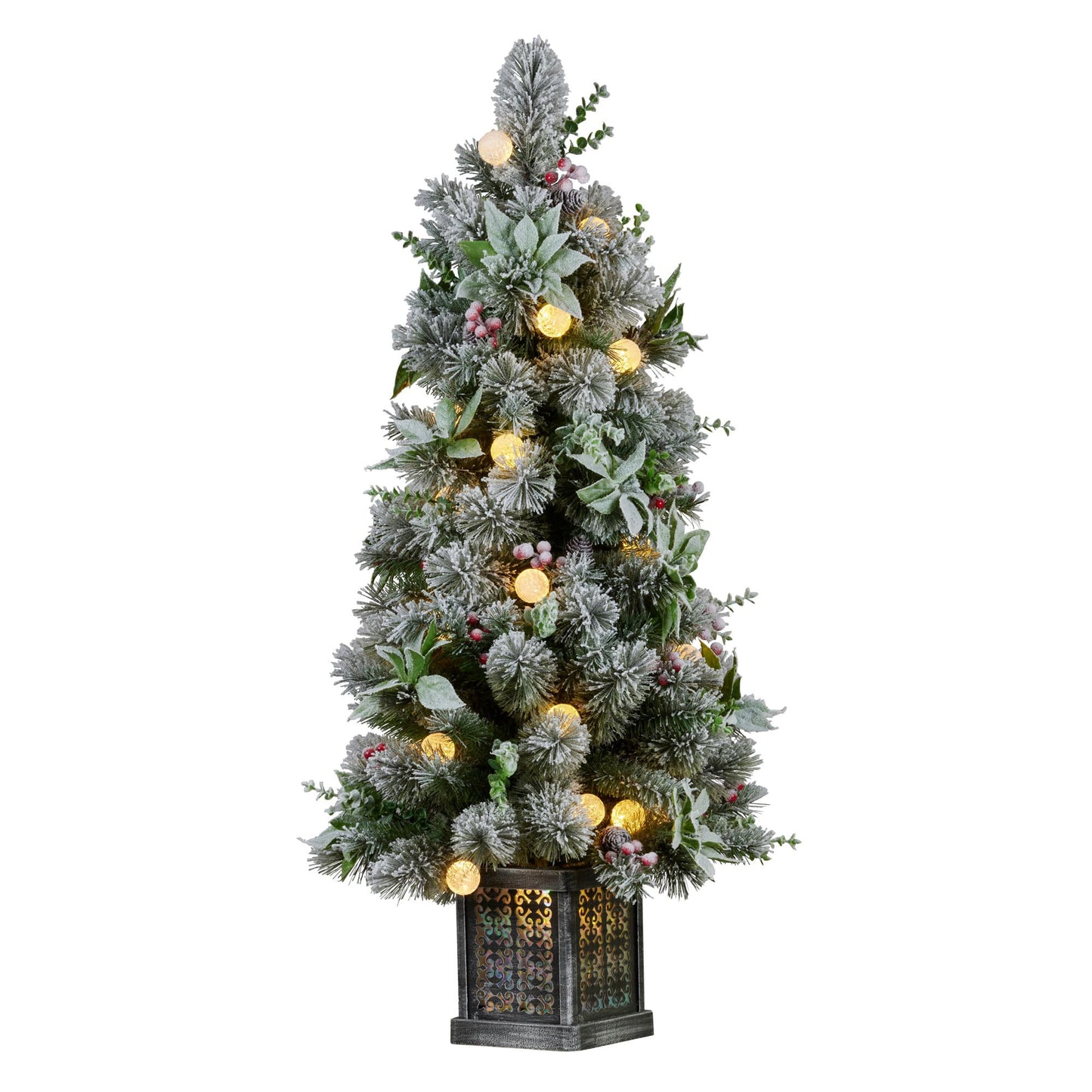 Christabelle Snowy Crown Pine Potted Christmas Tree 1.2m Multicolour Pre-Lit with Snowball Lights