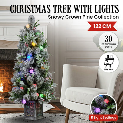 Christabelle Snowy Crown Pine Potted Christmas Tree 1.2m Multicolour Pre-Lit with Snowball Lights