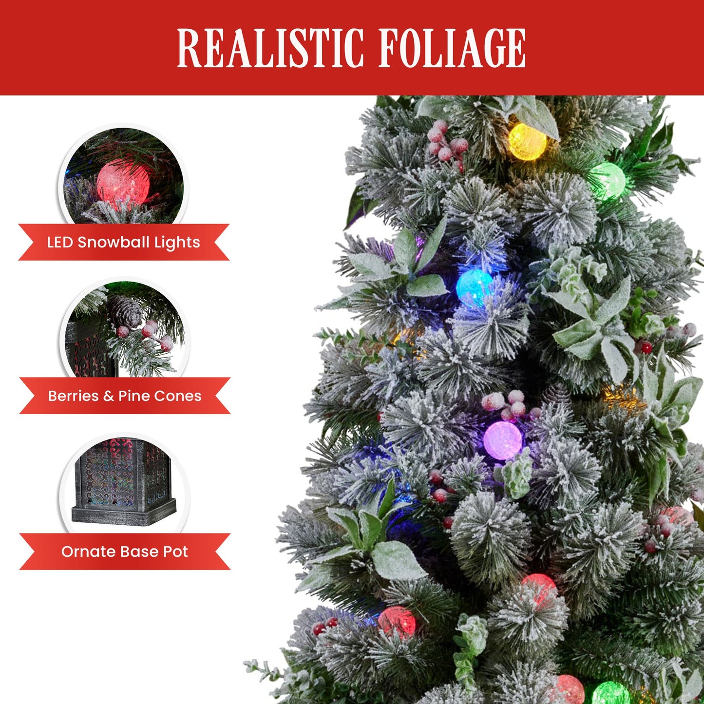 Christabelle Snowy Crown Pine Potted Christmas Tree 1.2m Multicolour Pre-Lit with Snowball Lights