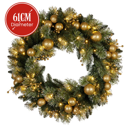 Christabelle 61cm Christmas Wreath Glittery Tipped with LED Lights and Golden Baubles Front Door Decoration Ornament