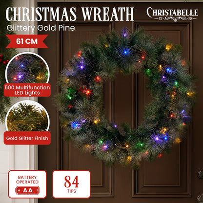 Christabelle 61cm Christmas Wreath with LED Lights Glittery Gold Pine re-Lit Front Door Decoration Ornament