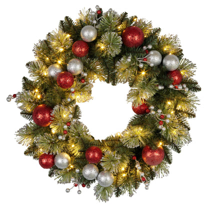 Christabelle Stunning 61cm Christmas Wreath with LED Lights Baubles Berries Red Silver Front Door Decoration