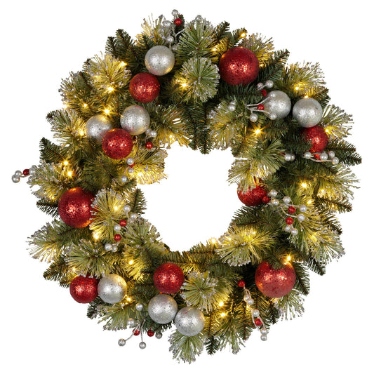 Christabelle Stunning 61cm Christmas Wreath with LED Lights Baubles Berries Red Silver Front Door Decoration