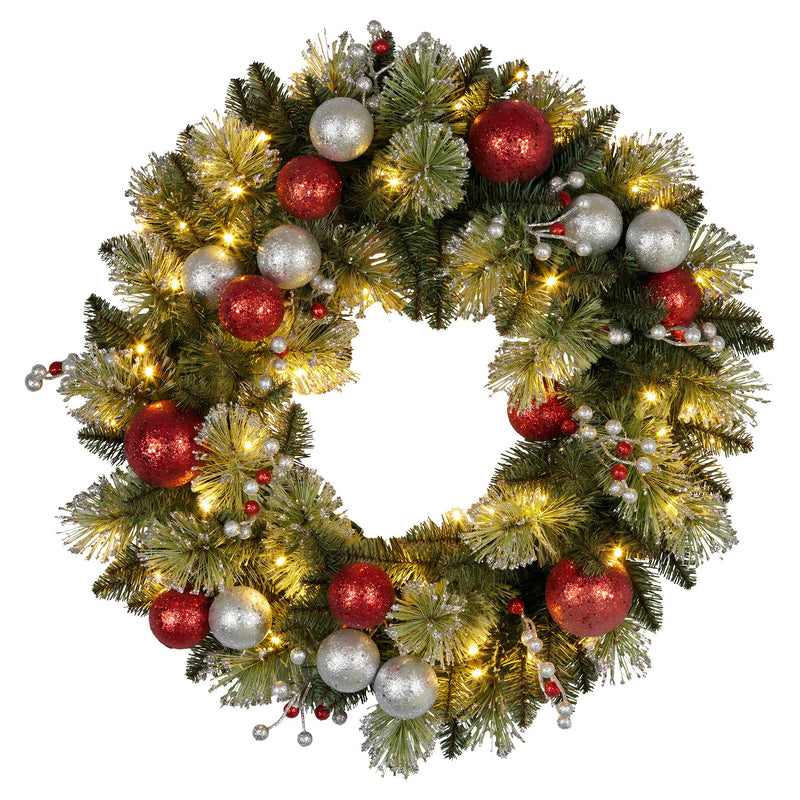 Christabelle 61cm Christmas Wreath LED Lights Red Silver Baubles
