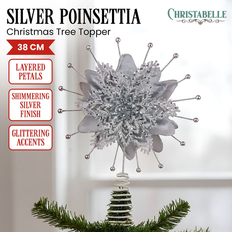 Christabelle Poinsettia Christmas Tree Topper Silver Petals Decoration