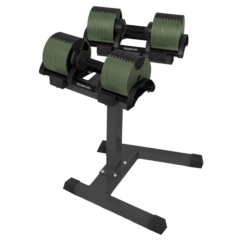 Powertrain 90kg Adjustable Dumbbells Pair Green Stand