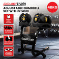 Powertrain 48kg Adjustable Dumbbells Set with Stand, Quick Dial Free Weights for Home Gym Strength Training - Gold