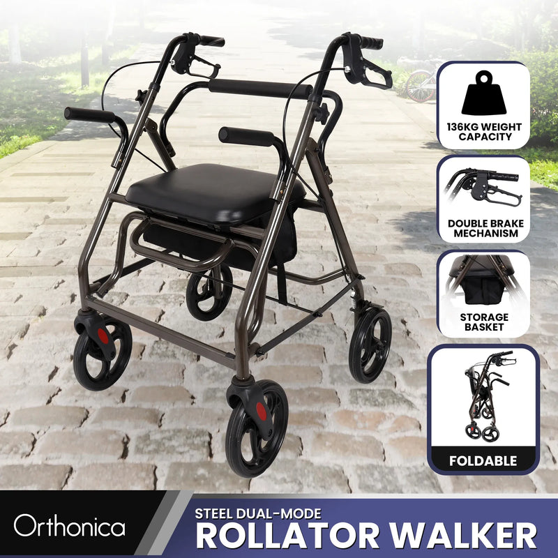 Orthonica Foldable 4-Wheel Rollator Walker with Padded Seat & Storage, Height Adjustable Steel Frame - Grey