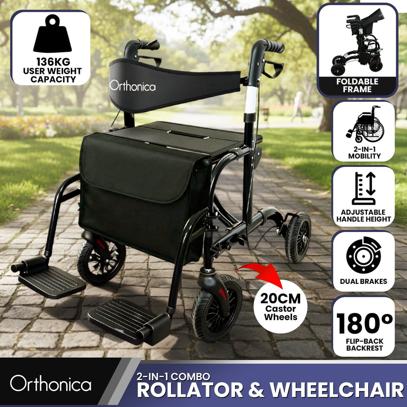 Orthonica 2-in-1 Rollator Wheelchair Aluminium Foldable Black