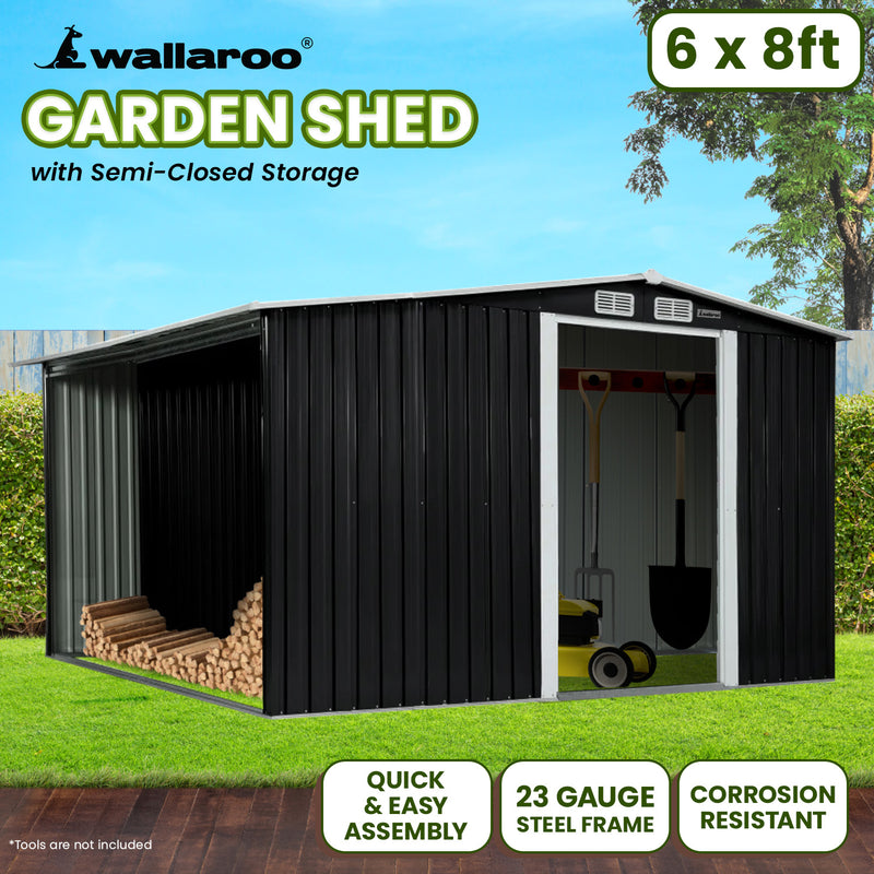 Wallaroo Garden Shed 6x8ft Semi-Close Storage Black