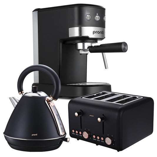 Pronti 1.2L Espresso Machine Kettle Toaster Breakfast Set Black