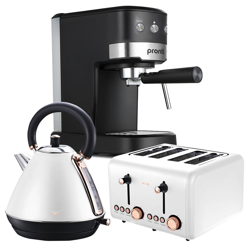 Pronti Kettle Toaster Espresso Machine 1.2L White Rose Gold Set