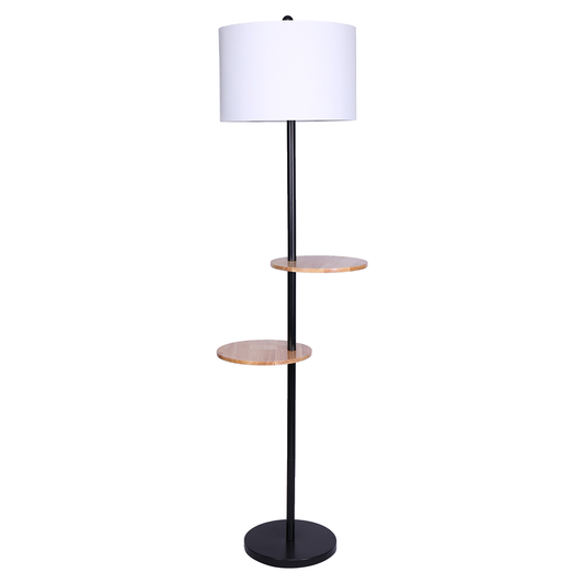 Sarantino Metal Floor Lamp Black Post Round Wood Shelves