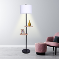Sarantino Metal Floor Lamp Black Post Round Wood Shelves