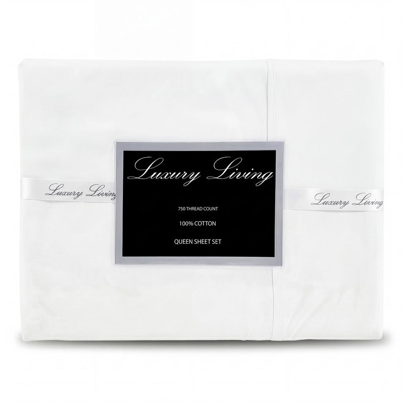 Laura Hill 750 Thread Count Pure Cotton QUEEN Bed Sheet Set 4 Piece Gift Pack - White