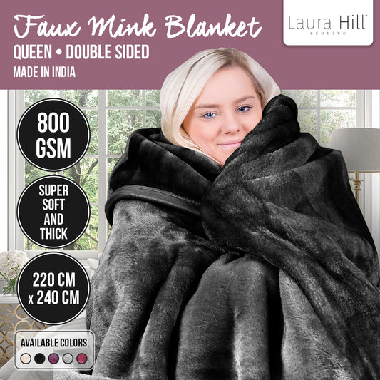Laura Hill 800GSM Faux Mink Throw Rug Blanket Queen Size Black
