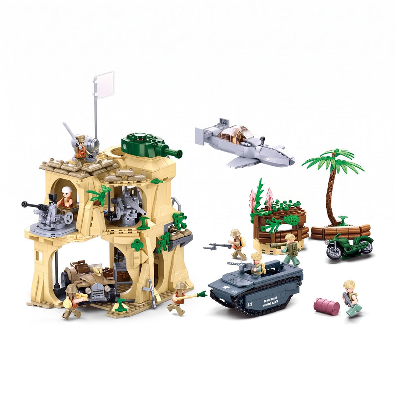 Sluban B1111 Model Kit WWII Battle of Iwo Jima Island Bunker Landing Craft Army Military Base Diorama Blocks DIY Set Toy
