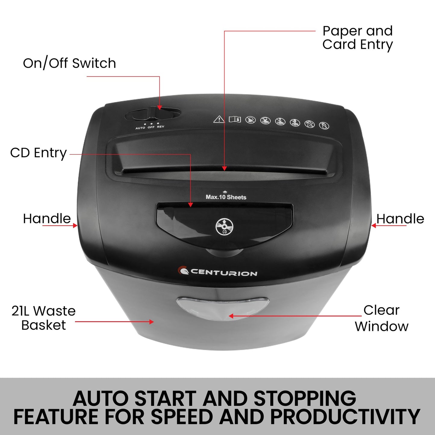 Centurion 21L Cross-Cut Office Shredder 10-Sheet Paper, CD & Credit Card Security
