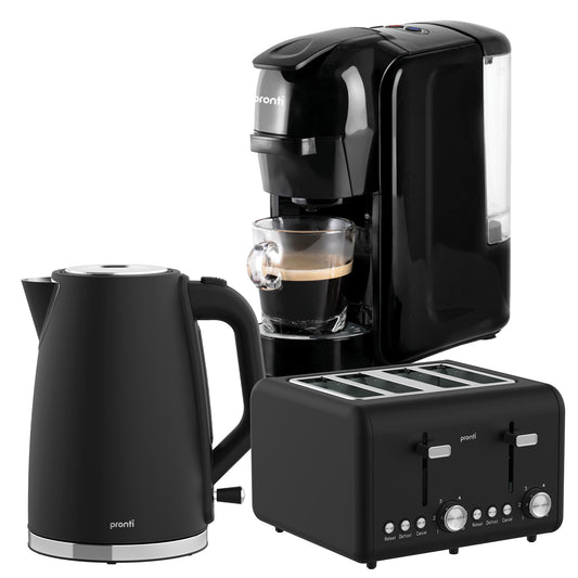Pronti Breakfast Set Coffee Machine Toaster Kettle Silver