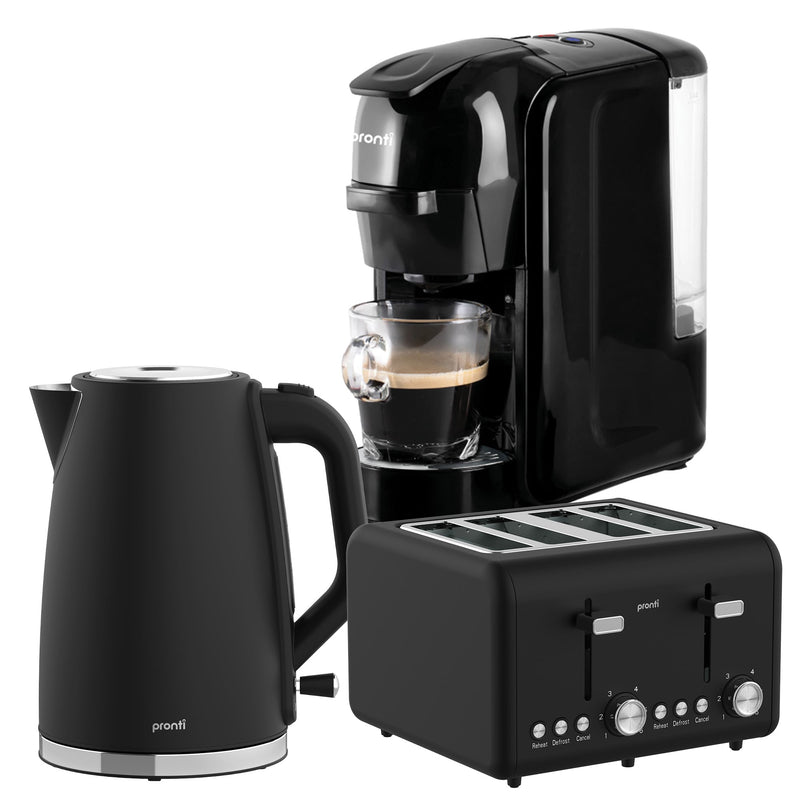Pronti Breakfast Set Coffee Machine Toaster Kettle Silver