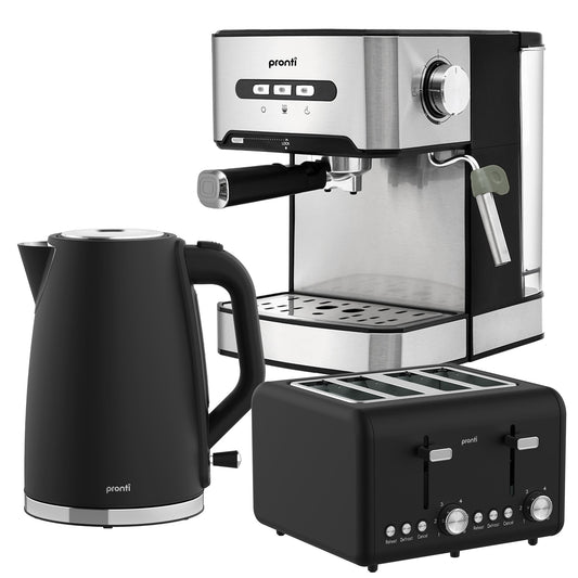 Pronti Breakfast Set 1.6L Coffee Machine Silver Noir Toaster Kettle