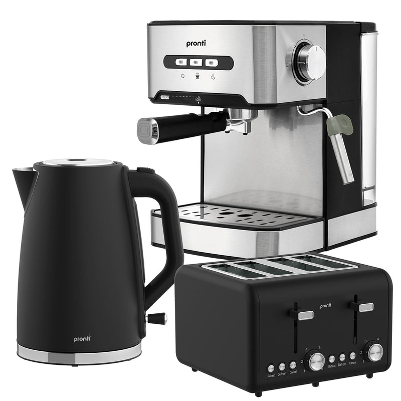 Pronti Breakfast Set 1.6L Coffee Machine Silver Noir Toaster Kettle