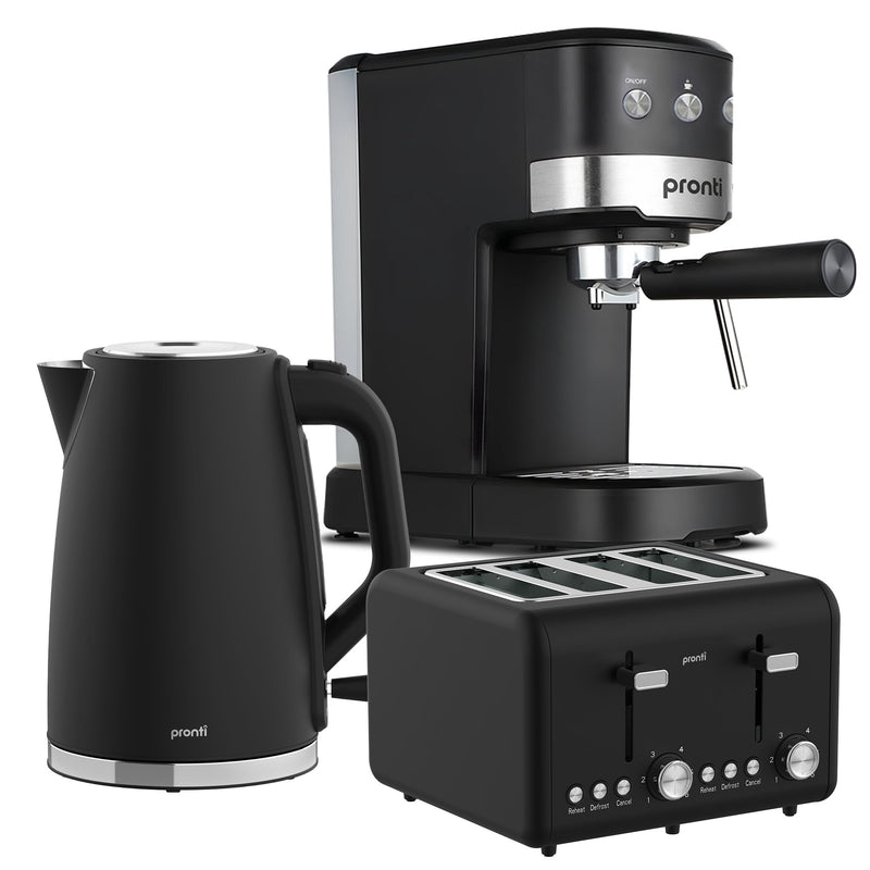 Pronti 3pc Breakfast Set Coffee Machine Toaster Kettle Silver