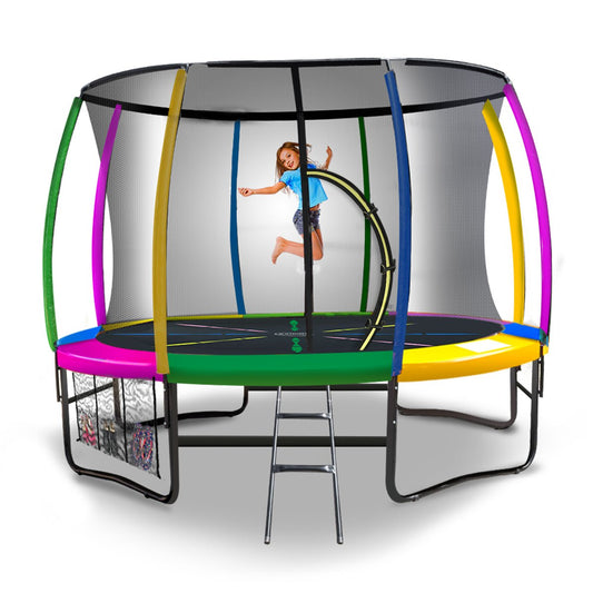 Kahuna 10ft Trampoline Kids Safety Enclosure Ladder Pad Rainbow