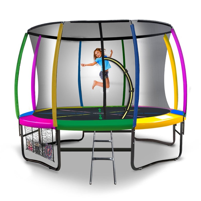 Kahuna 10ft Trampoline Kids Safety Enclosure Ladder Pad Rainbow
