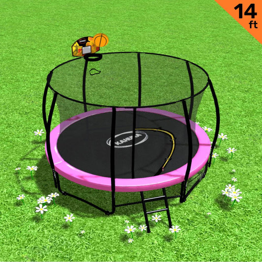 Kahuna 14ft Trampoline with Safety Enclosure Basketball Hoop Pink