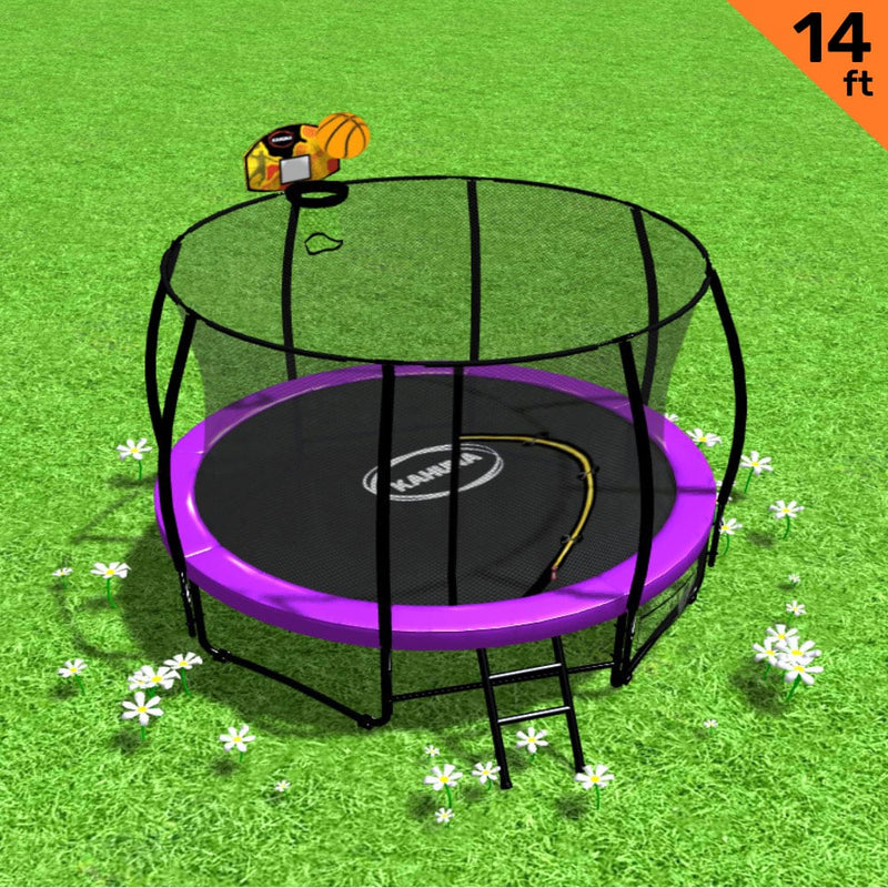 Kahuna 14ft Trampoline with Safety Enclosure Purple Basketball Hoop