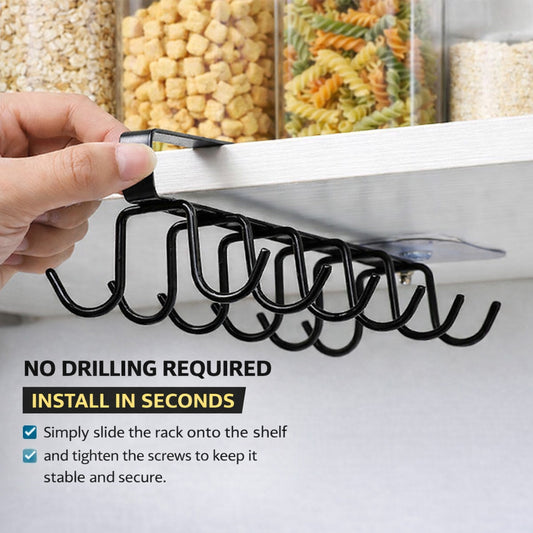 Under Cabinet Mug Holder 12 Hooks No Drill Cup Rack Organizer for Kitchen Storage Black