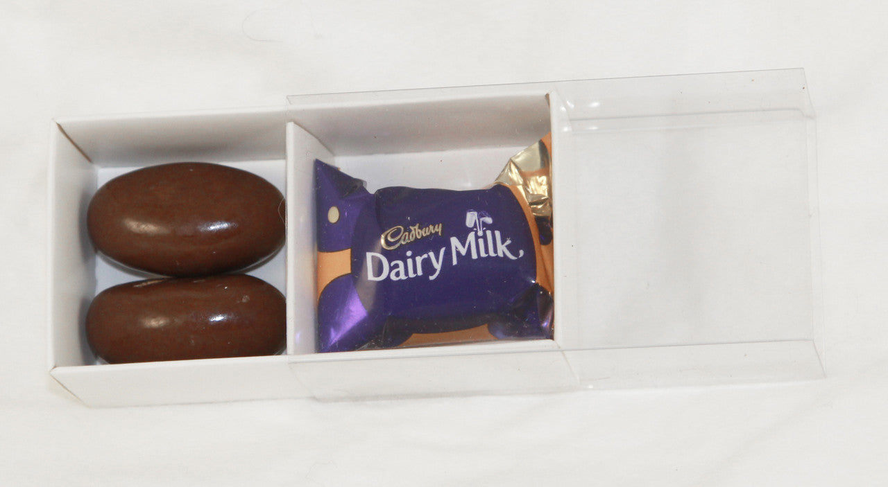 100 Pack of White Card Chocolate Sweet Soap Product Retail Gift Box - 2 Bay Compartments - Clear Slide On Lid - 8x4x3cm