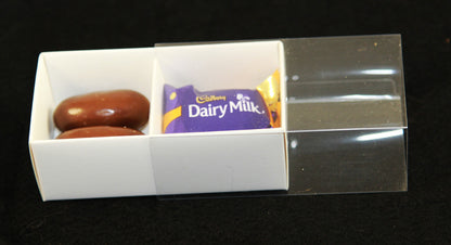 100 Pack of White Card Chocolate Sweet Soap Product Retail Gift Box - 2 Bay Compartments - Clear Slide On Lid - 8x4x3cm