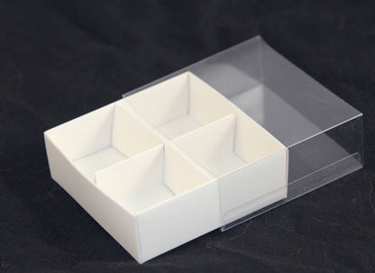 100 Pack of White Card Chocolate Sweet Soap Product Retail Gift Box - 4 Bay Compartments - Clear Slide On Lid - 8x8x3cm