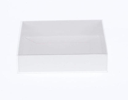 100 Pack of 15cm Square Invitation Coaster Favor Function product Presentation Cookie Biscuit Patisserie Gift Box - 4cm deep - White Card with Clear Slide On PVC Lid