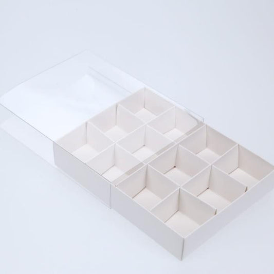 10 Pack of White Card Chocolate Sweet Soap Product Retail Gift Box - 12 bay 4x4x3cm Compartments  - Clear Slide On Lid - 16x12x3cm