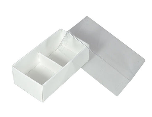 10 Pack of White Card Chocolate Sweet Soap Product Retail Gift Box - 2 Bay Compartments - Clear Slide On Lid - 8x4x3cm