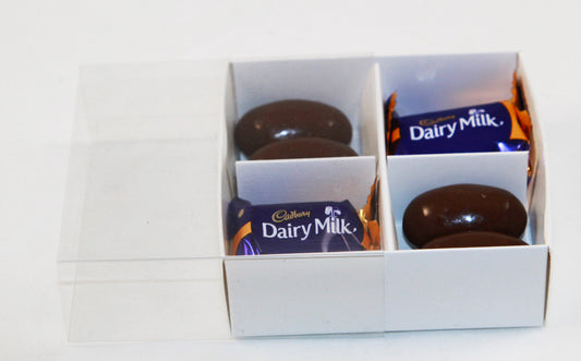 10 Pack of White Card Chocolate Sweet Soap Product Retail Gift Box - 4 Bay Compartments - Clear Slide On Lid - 8x8x3cm