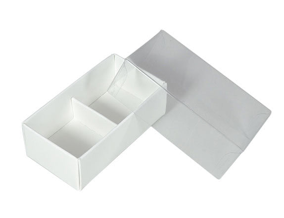 50 Pack of White Card Chocolate Sweet Soap Product Retail Gift Box - 2 Bay Compartments - Clear Slide On Lid - 8x4x3cm