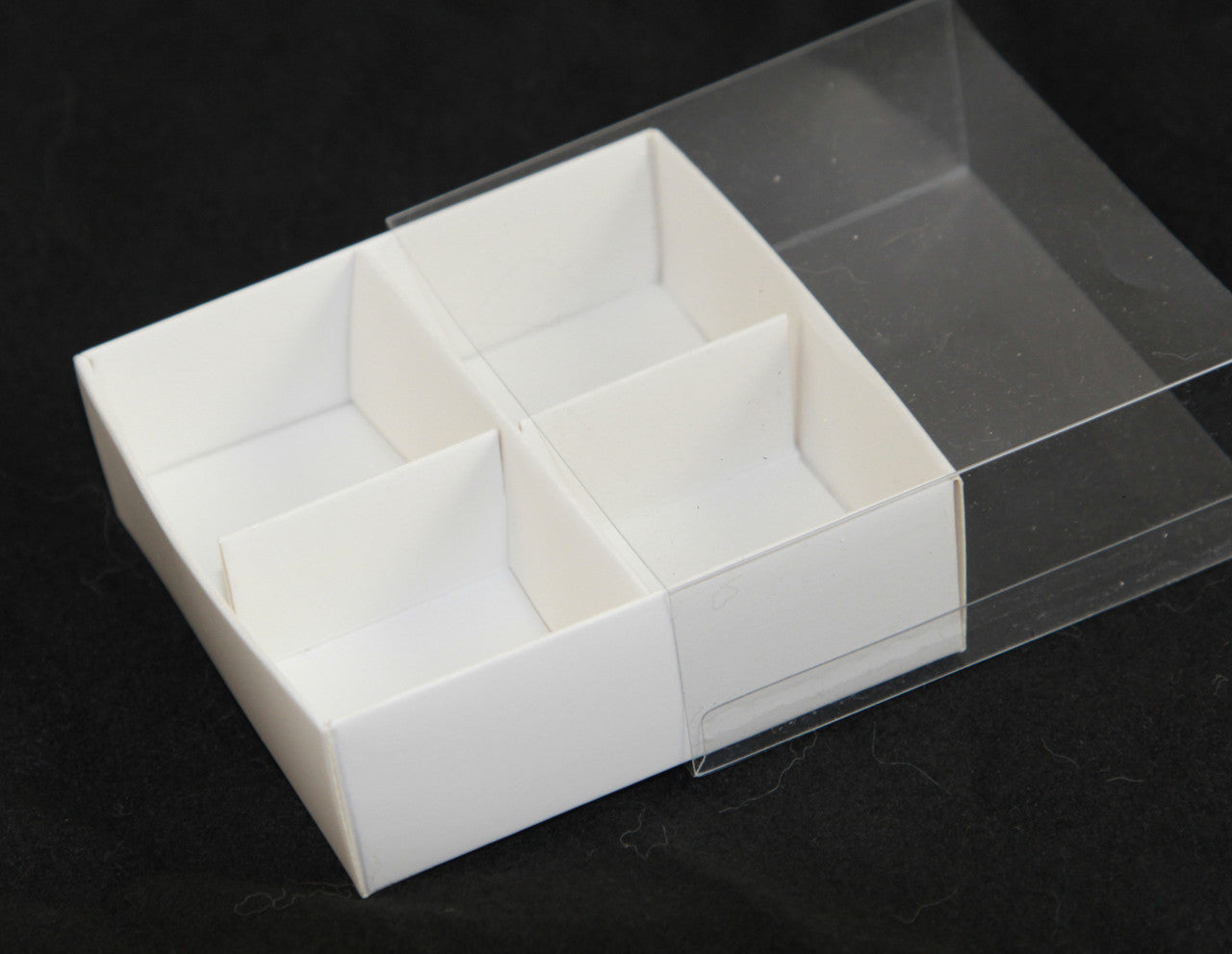 50 Pack of White Card Chocolate Sweet Soap Product Retail Gift Box - 4 Bay Compartments - Clear Slide On Lid - 8x8x3cm