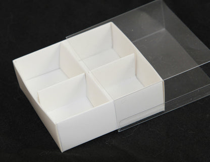 50 Pack of White Card Chocolate Sweet Soap Product Retail Gift Box - 4 Bay Compartments - Clear Slide On Lid - 8x8x3cm