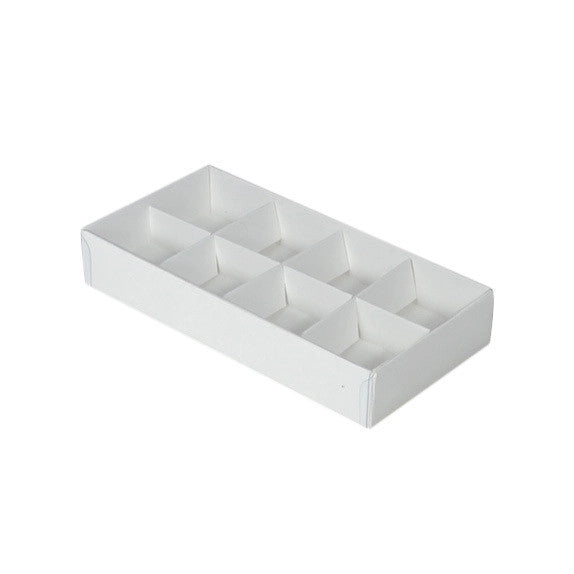 50 Pack of White Card Chocolate Sweet Soap Product Retail Gift Box - 8 bay 3cm Compartments - Clear Slide On Lid - 16x8x3cm