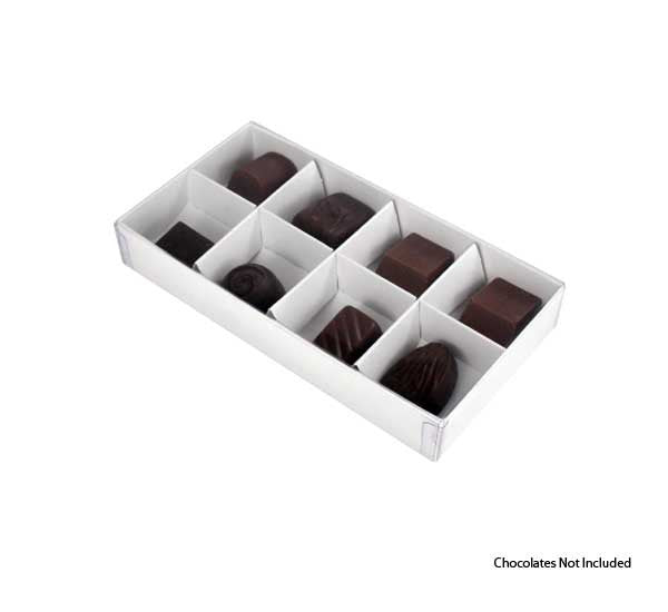 50 Pack of White Card Chocolate Sweet Soap Product Retail Gift Box - 8 bay 3cm Compartments - Clear Slide On Lid - 16x8x3cm
