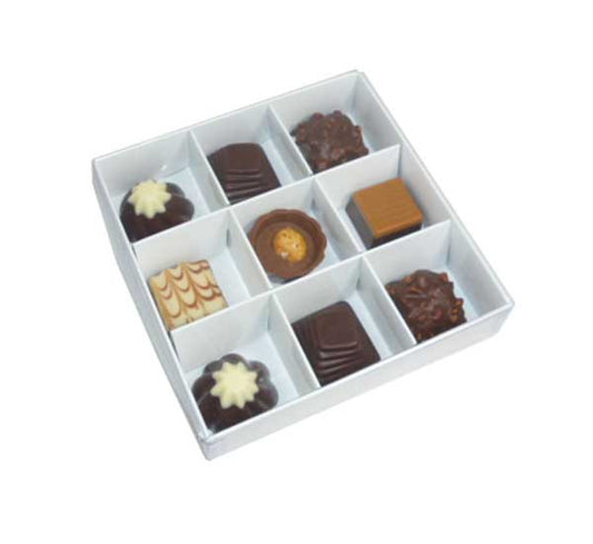 50 Pack of White Card Chocolate Sweet Soap Product Retail Gift Box - 9 bay 4x4x3cm Compartments  - Clear Slide On Lid - 12x12x3cm