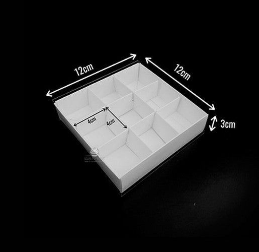 50 Pack of White Card Chocolate Sweet Soap Product Retail Gift Box - 9 bay 4x4x3cm Compartments  - Clear Slide On Lid - 12x12x3cm