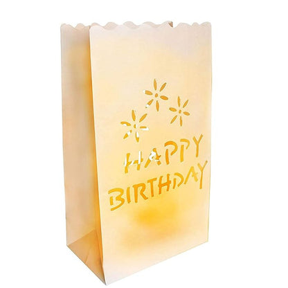 20 Pack White Happy Birthday Luminary Paper Candle Tea Light Lantern Bags Garden Anniversary Birthday Night Decorations Evening Party