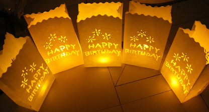 20 Pack White Happy Birthday Luminary Paper Candle Tea Light Lantern Bags Garden Anniversary Birthday Night Decorations Evening Party